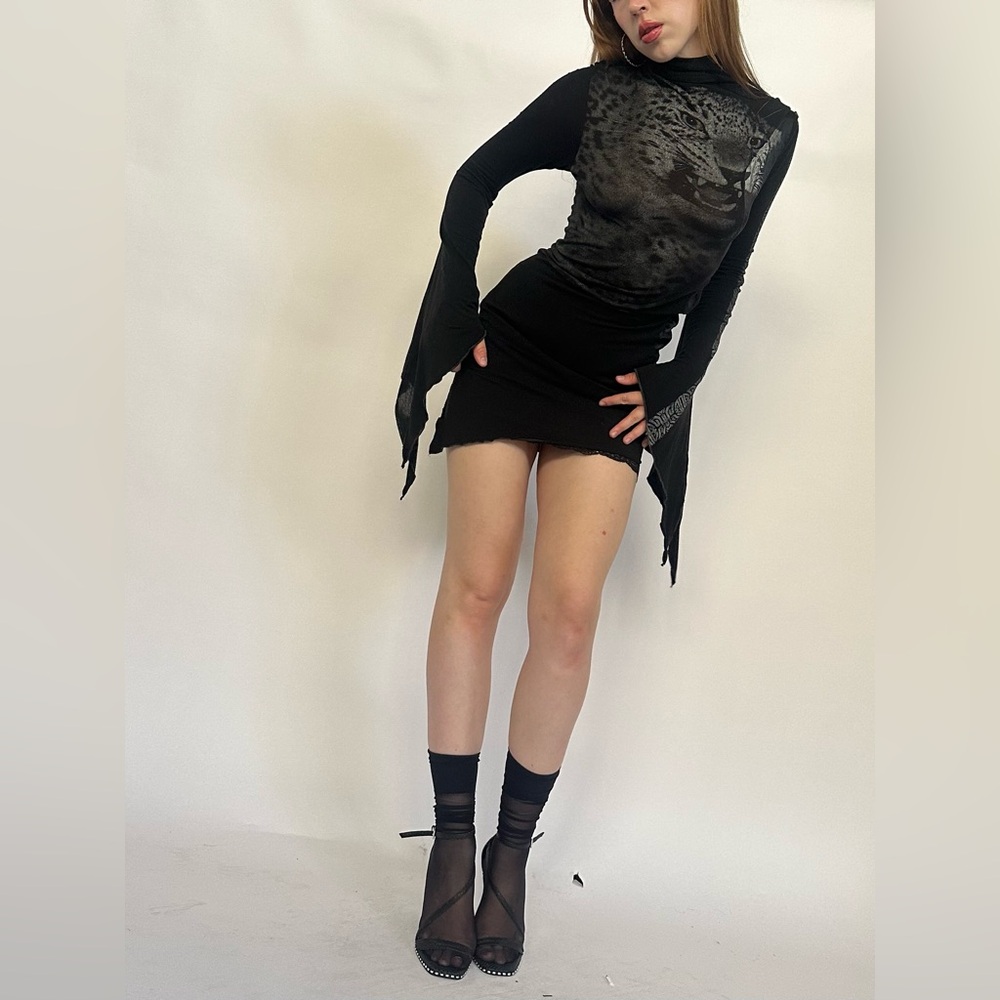 Isabel De Pedro Leopard Black Bell Sleeve Tunic Dress - Picture 14 of 16